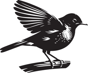 An American robin bird silhouette captures its plump body, upright stance, and iconic tail, emphasizing its graceful, perched form.