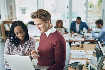 Employees, talking and laptop for campaign in office, manager helping and internship advice. Staff,...