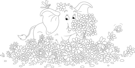 Cute little elephant holding a beautiful bouquet of summer flowers, black and white vector cartoon illustration for a coloring book page