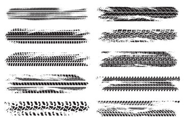 Obraz premium Grunge tire tracks mega set elements in flat graphic design. Bundle objects of abstract black wheels tread, motorcycle or car messy trails, road dirty rubber texture effect. Vector illustration.