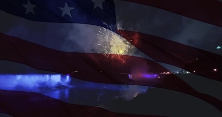 American flag with fireworks exploding in the background