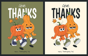Happy thanksgiving posters with cute pumpkin characters. Autumn greeting card. Vector illustration in retro groovy style. 