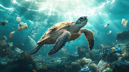 Fototapeta premium A sea turtle struggling to swim through a mass of tangled plastic waste in the ocean. The water is filled with discarded bottles, bags, and other trash with place for text.