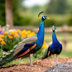 Obraz premium A majestic peacock arriving in a garden, displaying its feathers, while another departs, its beauty fading into the distance