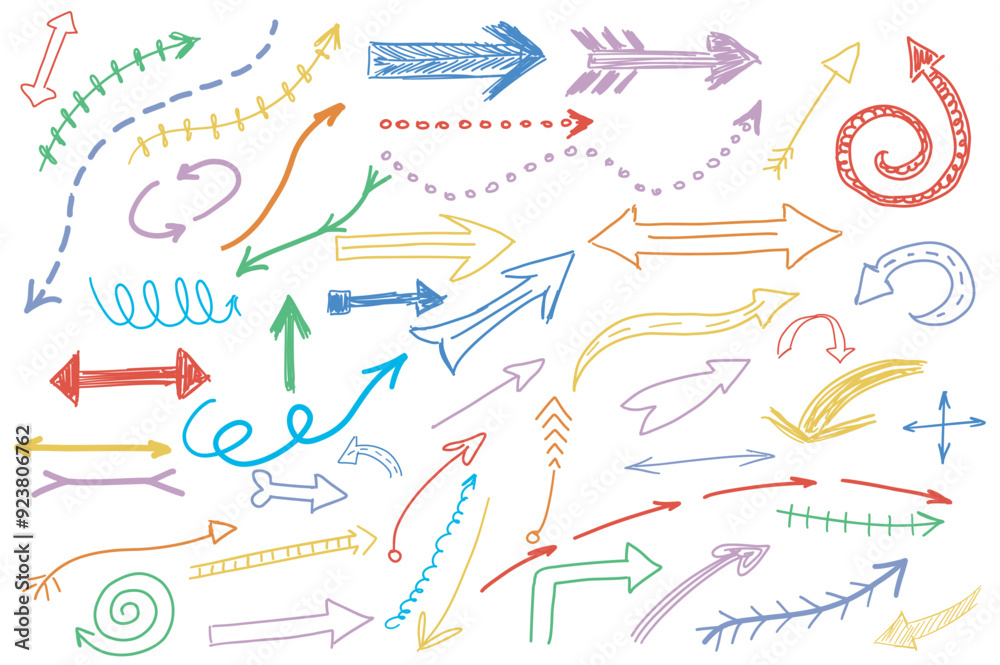 Leinwandbilder hand drawn charcoal pencil arrows mega set elements in flat graphic design. bundle objects of colorf