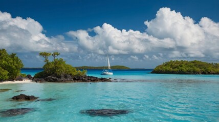 Obraz premium Blue lagoon with sailboat at tropical island
