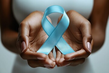 Close-Up of Hands Holding Blue Awareness Ribbon – Concept of Health Advocacy, Prostate Cancer Awareness, and Support


