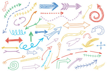 Hand drawn charcoal pencil arrows mega set elements in flat graphic design. Bundle objects of colorful brush drawn pointers, scribble cursors, scratch sketch of motion markers. Vector illustration.