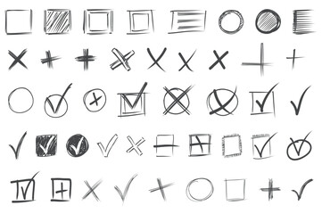 Hand drawn check marks mega set elements in flat graphic design. Bundle objects of black scribble pencil checkboxes, chalk tick and cross symbols in squares or circles forms. Vector illustration.