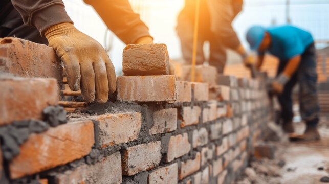 Bricklayers working on a construction site