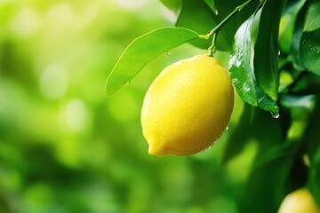 Fresh yellow lemon hanging from a green tree, illuminated by soft sunlight, with droplets of water clinging to its surface.