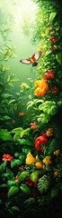 Fototapeta premium Lush garden with vibrant flowers and a butterfly, showcasing the beauty of nature in a serene, sunlit environment.