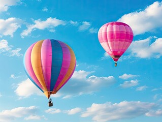 Fototapeta premium A colorful hot air balloon arriving gently at a landing site, while another ascends into the sky, carrying dreams and aspirations