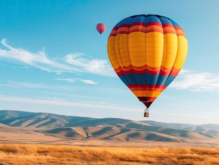 Obraz premium A colorful hot air balloon arriving gently at a landing site, while another ascends into the sky, carrying dreams and aspirations