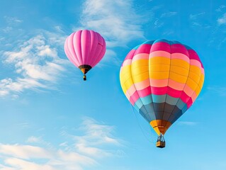 Naklejka premium A colorful hot air balloon arriving gently at a landing site, while another ascends into the sky, carrying dreams and aspirations