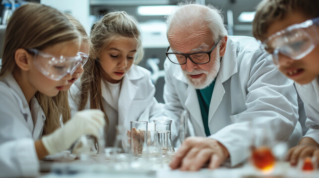 Senior mentor guiding young scientists in a collaborative STEM lab activity