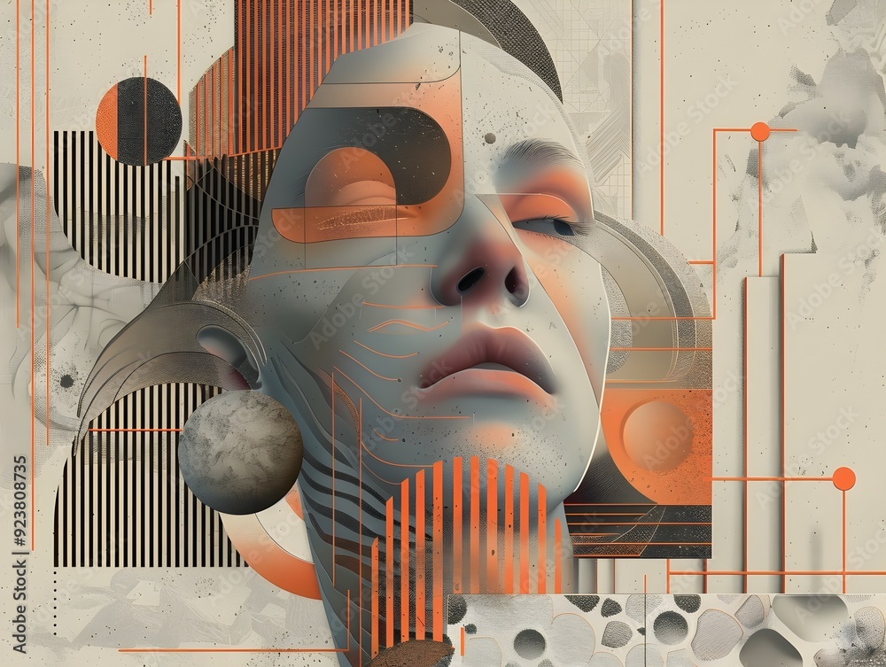 Wall mural abstract geometric portrait with orange and grey tones.