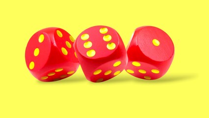 Illustration of three red dices with golden dots, isolated on yellow background.