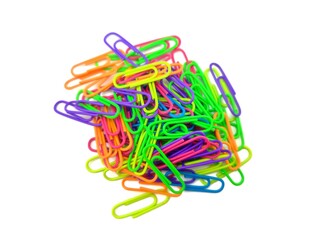 Top view of a pile of paper clips, showcasing a mix of bright colors, isolated on white background.