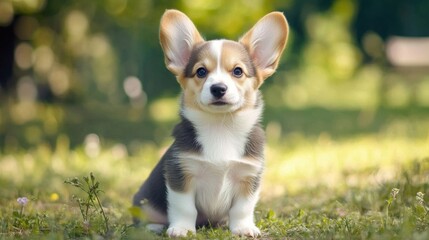 Cute Corgi Puppy Sitting on Grass