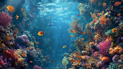 A detailed underwater view of a bustling coral reef teeming with diverse marine life, including colorful fish, sea anemones, and intricate coral formations