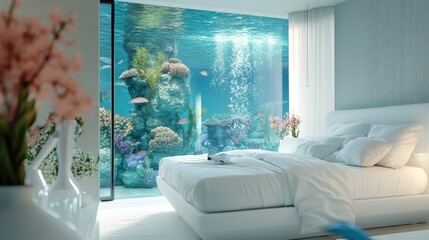Modern underwater bedroom, clear windows revealing sea life, white vases with fresh flowers.