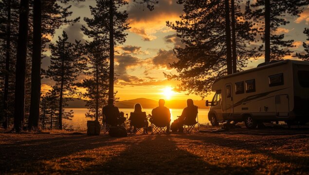 Family Camping by Lake at Sunset with Camper Van and Forest Trees Silhouette
