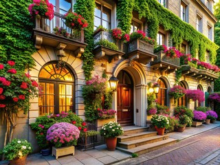 Fototapeta premium Charming boutique hotel facade bathed in warm spring light, adorned with blooming flowers and lush greenery, exuding elegance and sophistication in a historic setting.