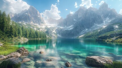 Alpine lake with a backdrop of towering, rugged mountains