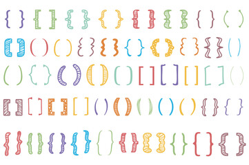 Shaded text brackets mega set elements in flat graphic design. Bundle objects of colorful scribble parenthesis, calligraphic quote frames with ornaments, doodle lettering frames. Vector illustration.