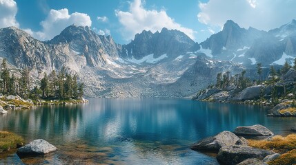 Alpine lake with a backdrop of towering, rugged mountains