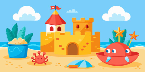 3D sand castle set, beach summer vacation vector clipart kit, kid bucket, red crab, starfish, ball. Cartoon ocean sea shore tower, tropical season object, gull, shell, children game. Coast sand castle