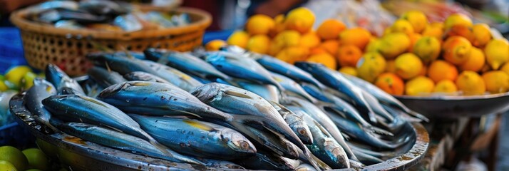 Fish eagerly awaiting selection at the market amid a variety of options.