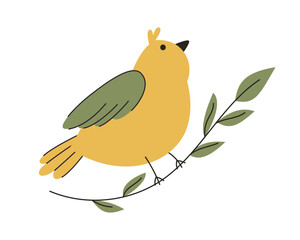 Colorful bird sits on a tree branch. Cute bird sticker for your day planner. 