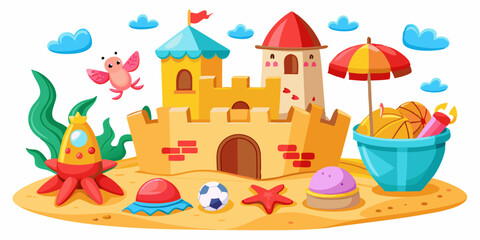 3D sand castle set, beach summer vacation vector clipart kit, kid bucket, red crab, starfish, ball. Cartoon ocean sea shore tower, tropical season object, gull, shell, children game. Coast sand castle