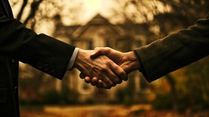 Business Handshake in Front of Sold Property After Successful Real Estate Deal