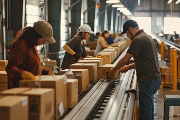 Men and women in warm clothes and hard hats work in a warehouse on a conveyor belt. Horizontal