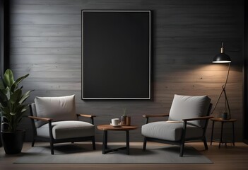 A modern living room with a large black frame on