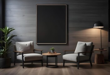 A modern living room with a large black frame on