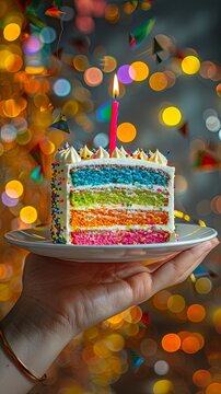 Female hand holding white plate with slice of rainbow cake with birning candle in the shape of star on yellow background happy bithday party concept wide banner copy space