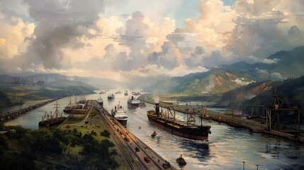 Panamanian canal with ships passing through, detailed and industrial scene