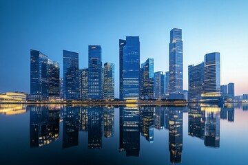 Tall buildings reflect the last rays of dusk light on the waterfront, creating a vibrant cityscape filled with color and shimmering reflections