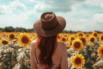 A woman with hat sunflower field summer freedom lands