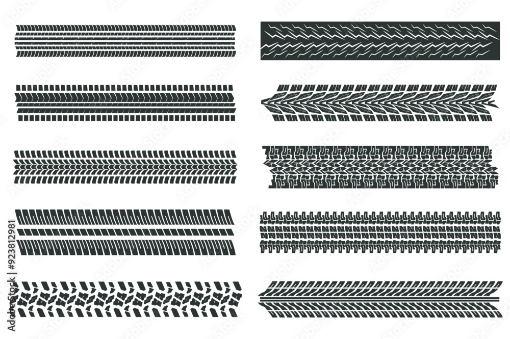 Leinwandbilder tire tracks mega set elements in flat graphic design. bundle objects of black machinery protectors p
