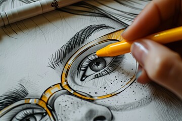 Fototapeta premium A detailed pencil illustration of a human eye being drawn on paper.