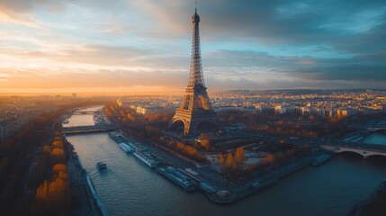 Obraz premium A stunning view of the Eiffel Tower overlooking the Seine River at sunset. This image captures the charm and beauty of Paris in a vibrant style. Perfect for travel lovers and cityscape fans. AI