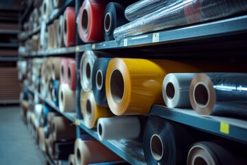 An array of industrial plastic film rolls in colorful variations is neatly arranged on a warehouse shelf, showcasing different widths and hues