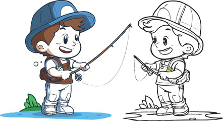 coloring page a simple drawing of red yellow with baby girl & boy fishing, vector illustrator