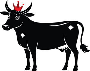 Christmas King Cow Silhouette.Christmas Cow Icon Vector.