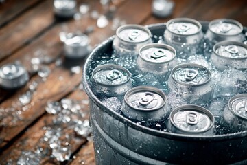 A large bucket contains chilled beer cans resting in ice, with condensation glistening on the surface, perfect for a warm summer day